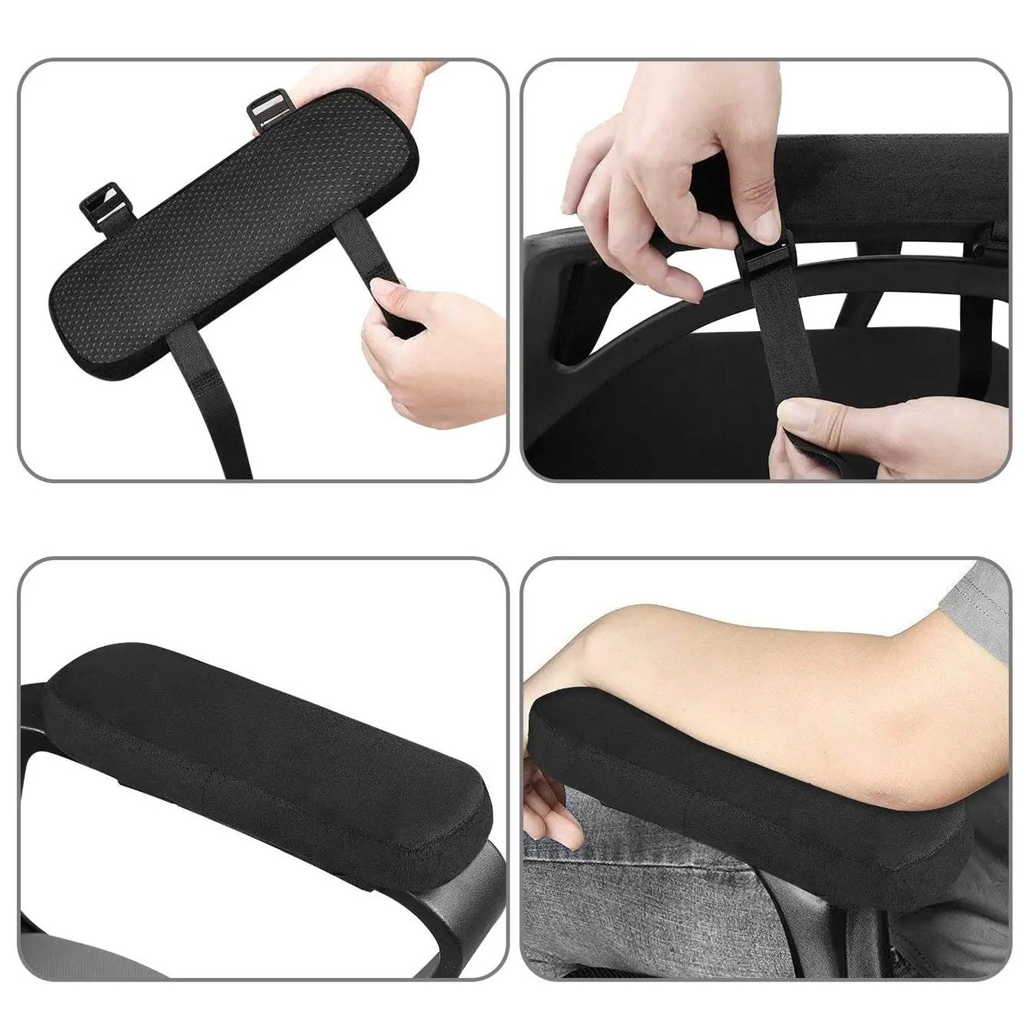 Étapes de fixation du coussinet sur l'accoudoir d'une chaise