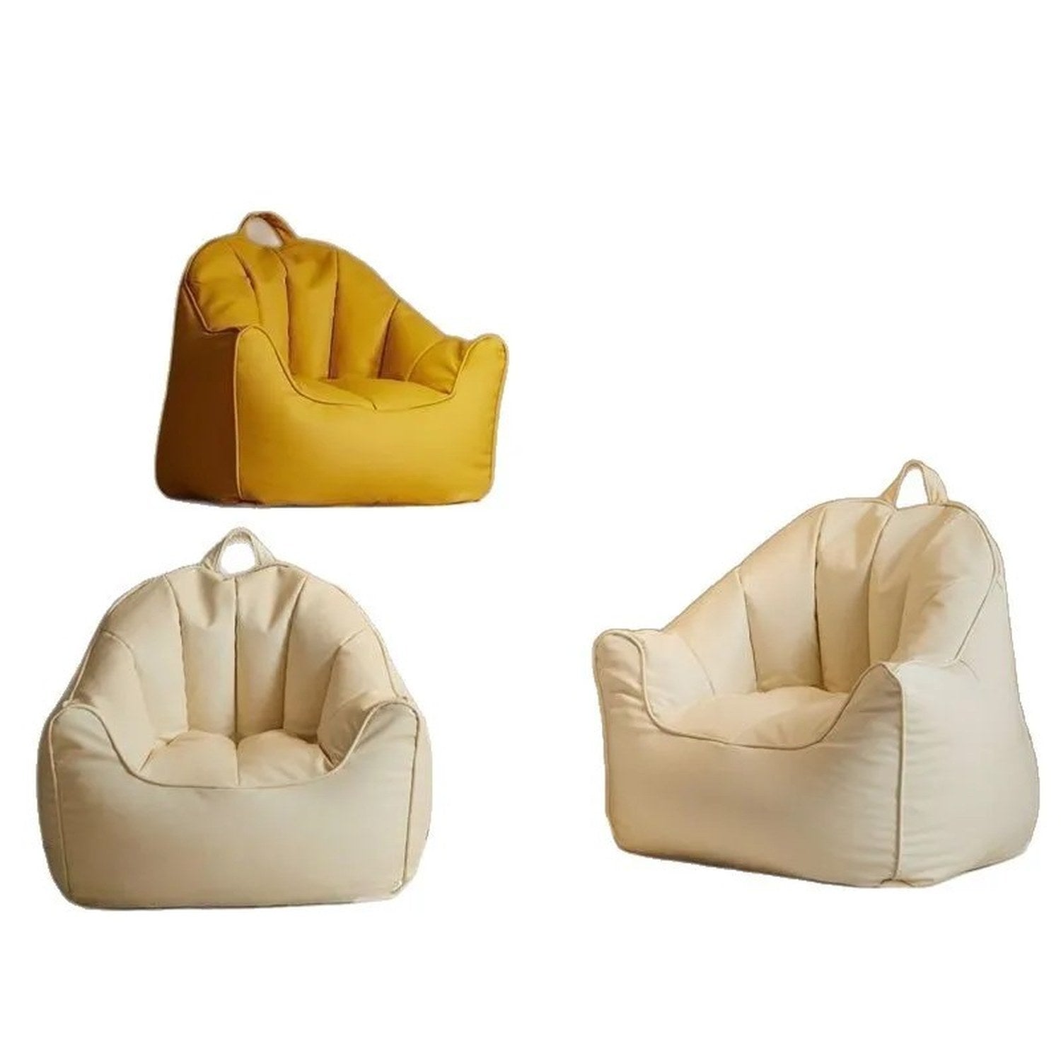 Pouf fauteuil enfant présenté en jaune et blanc cassé sur fond neutre