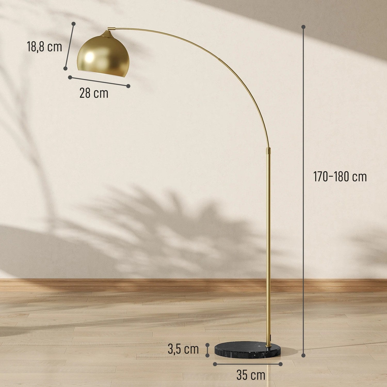 Dimensions du lampadaire arc doré 170-180 cm hauteur 28 cm abat-jour