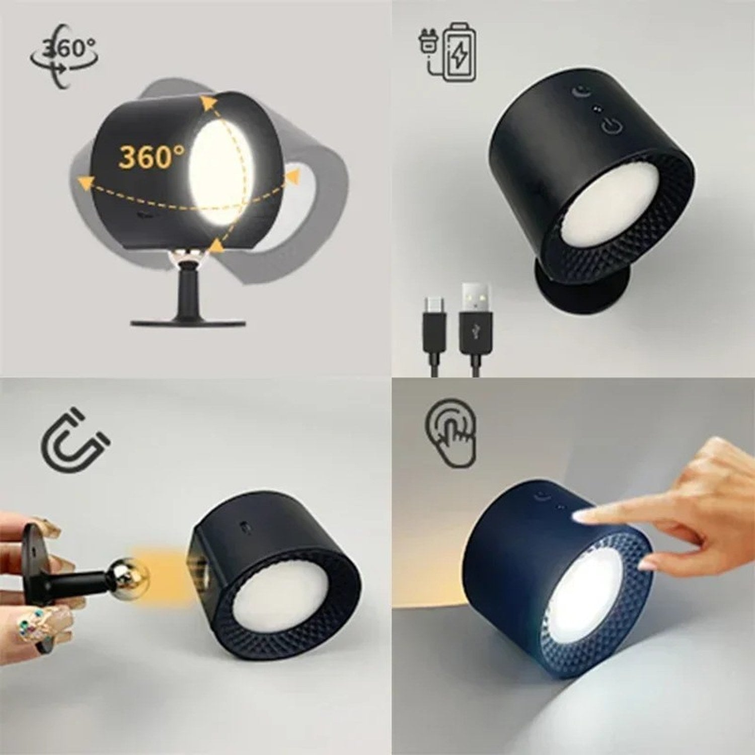 Applique murale noire vue en détail rotation 360 degrés charge USB et fixation magnétique