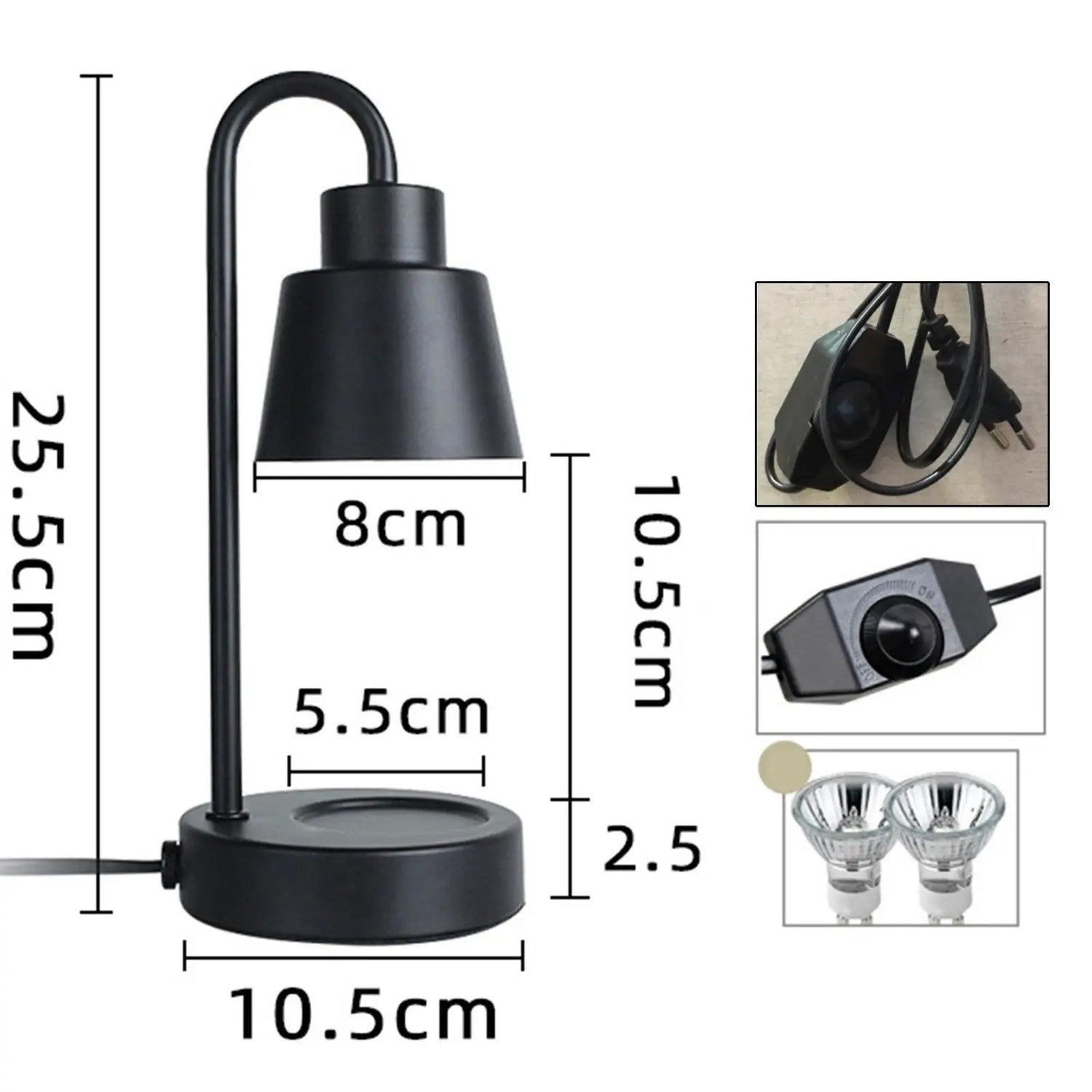 Schéma des dimensions de la lampe chauffe-bougie avec variateur et ampoules fournies