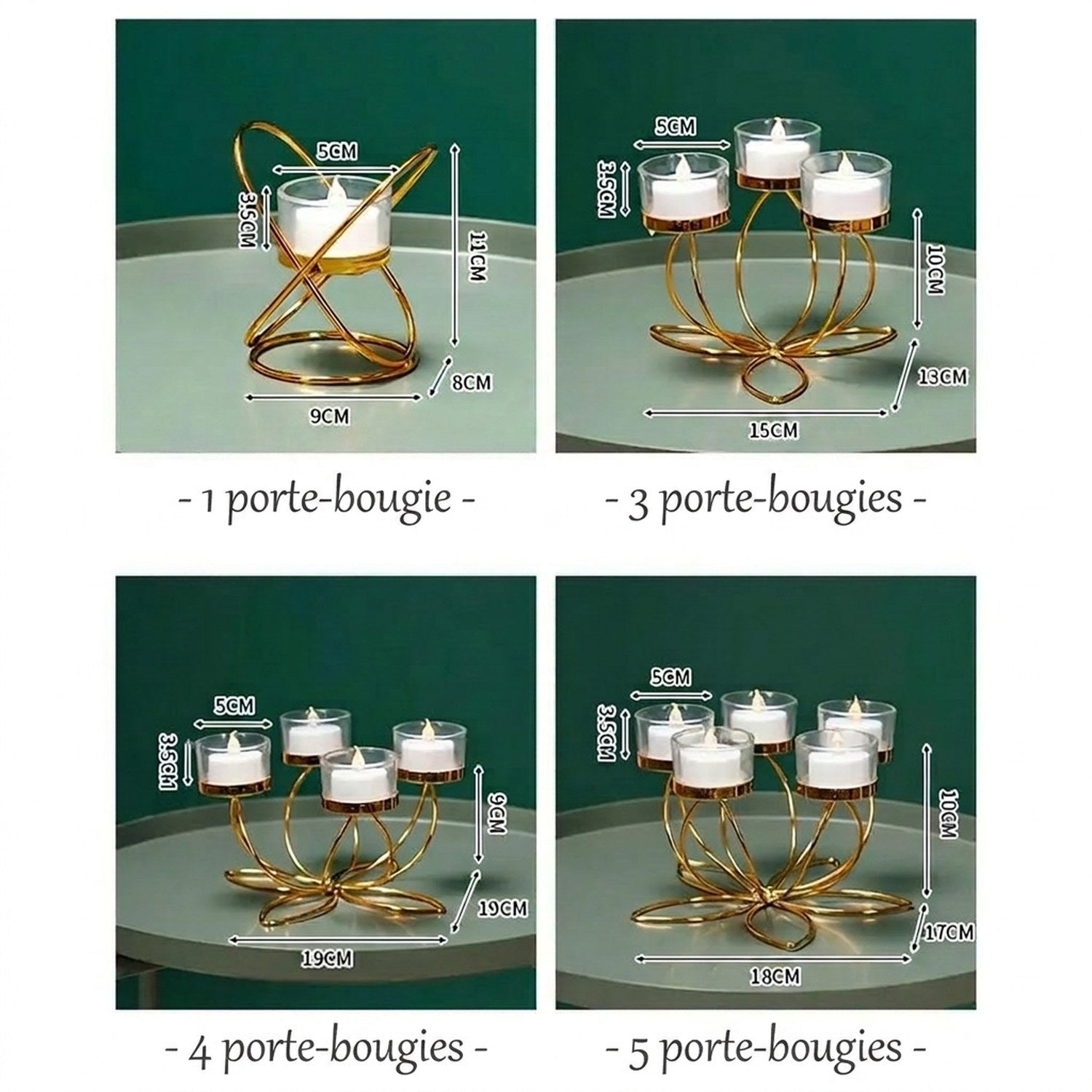 Dimensions des 4 modèles de bougeoirs en cm