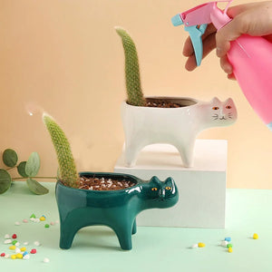 Cache-pot chat en céramique avec arrosoir rose