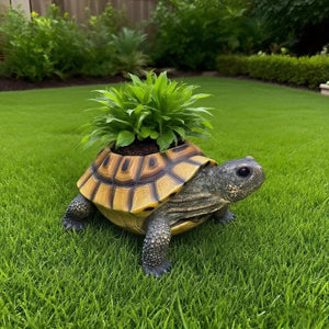 Jardinière tortue résine vert vue arrière avec succulente sortant de la carapace