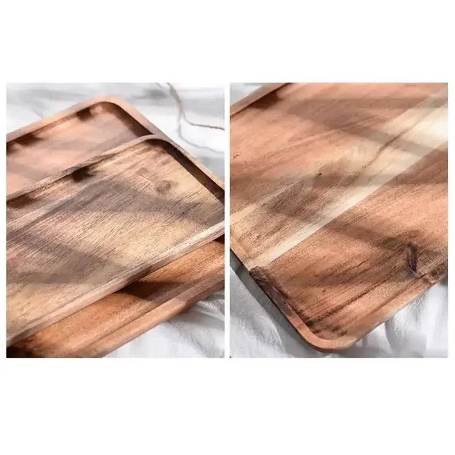 Détail du grain naturel du bois d'acacia sur plateau rectangulaire