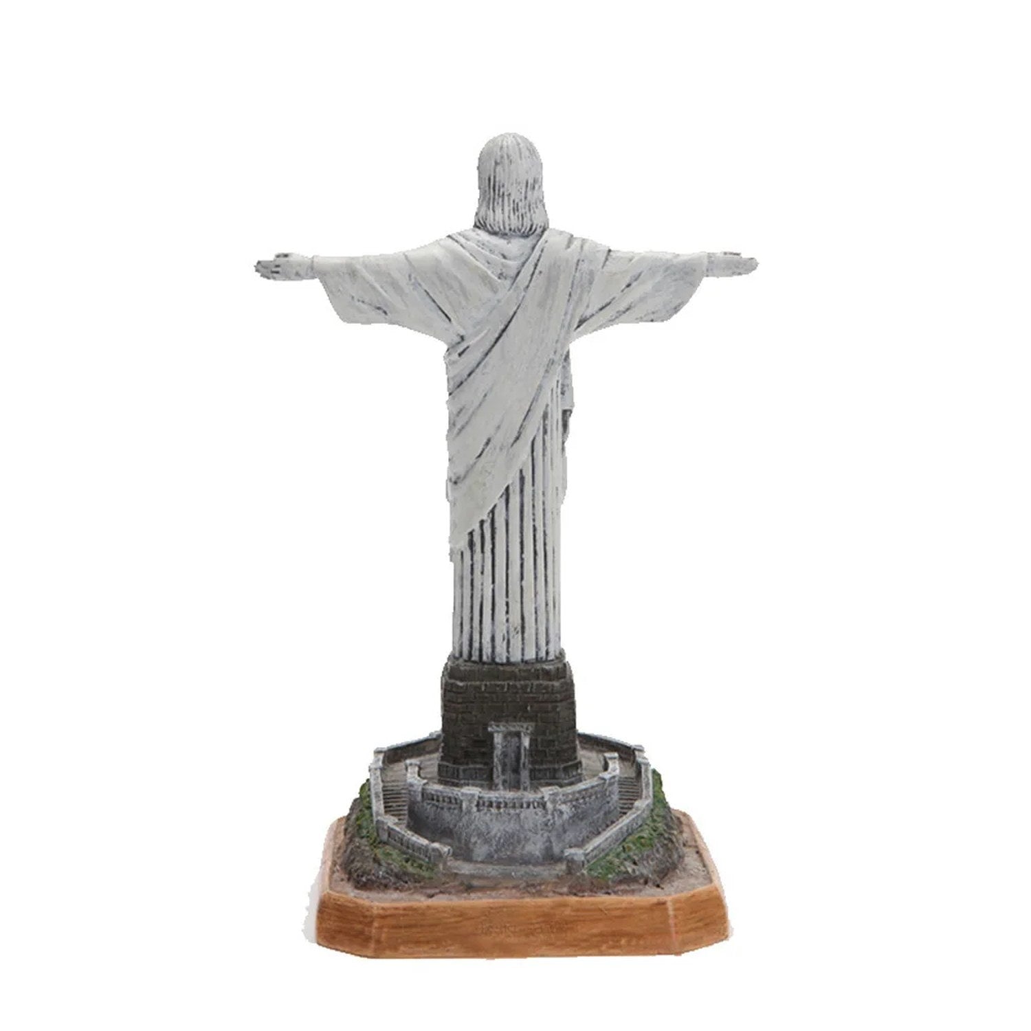 Statue du Christ rédempteur en résine vue de dos sur fond blanc