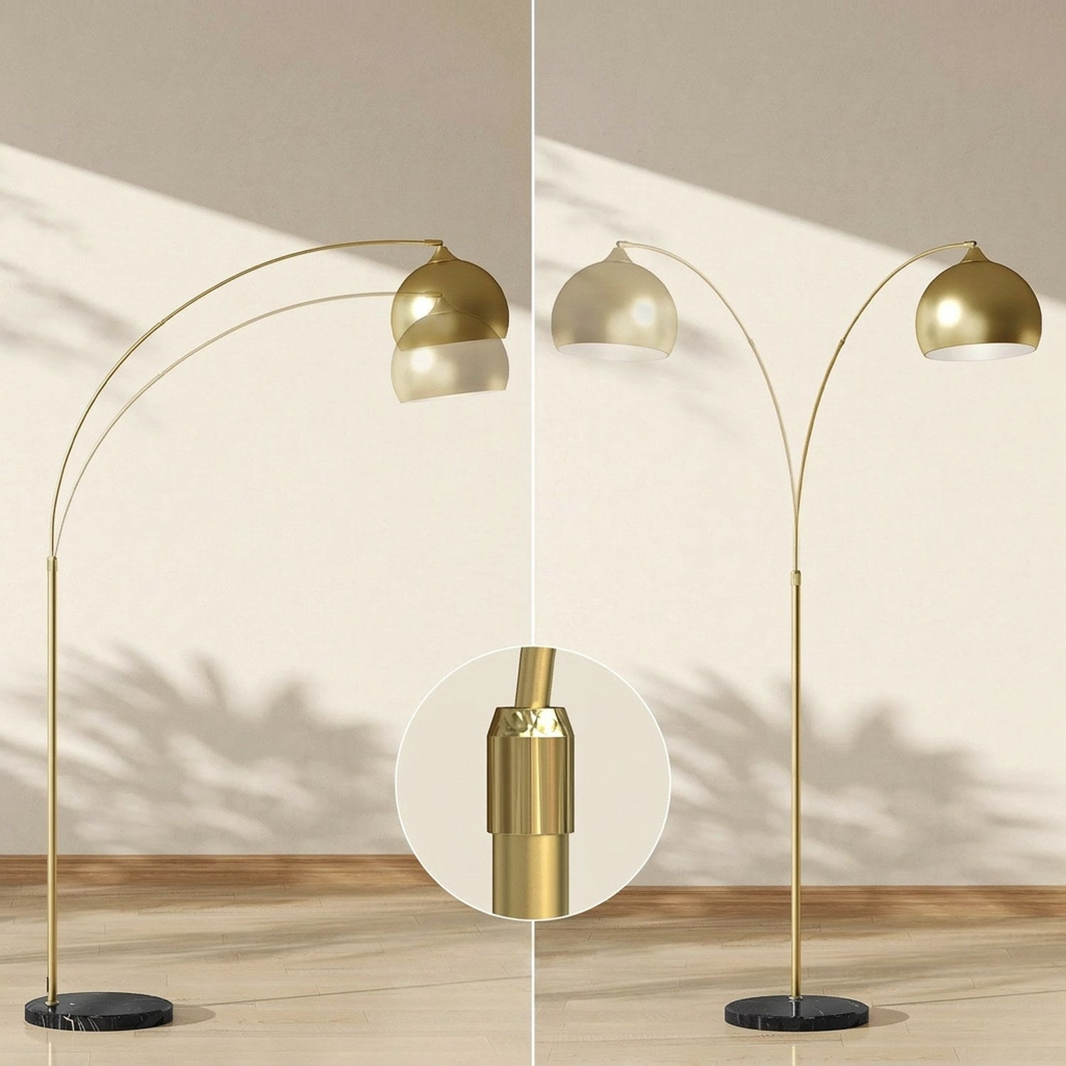 Détail mécanisme réglable du lampadaire arc doré deux positions