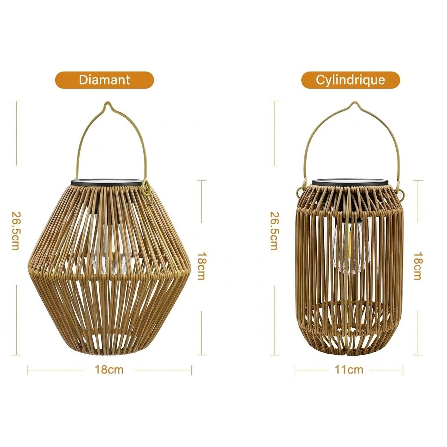Dimensions des lanternes solaires tressées modèle diamant 18 cm et modèle cylindrique 11 cm