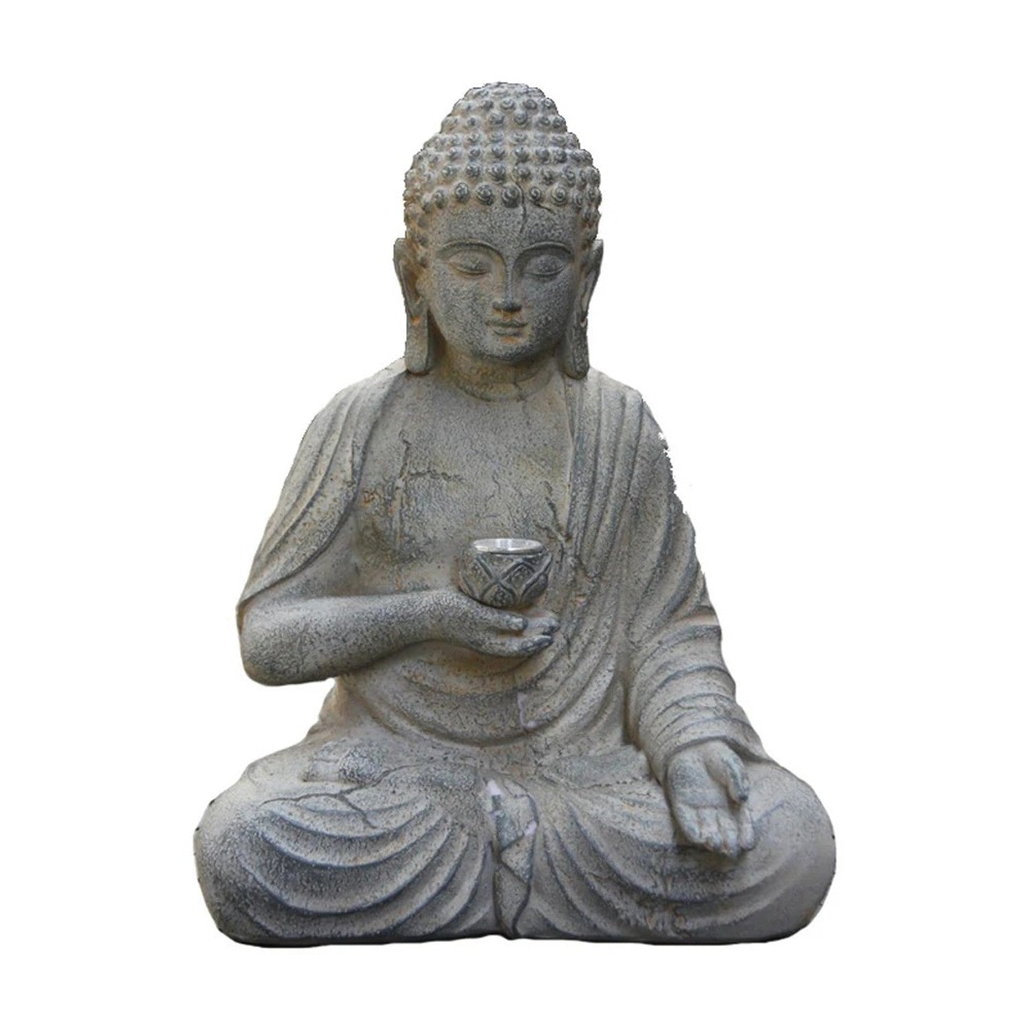 Vue complète statue Bouddha résine couleur pierre ancienne avec bol lotus sur fond blanc