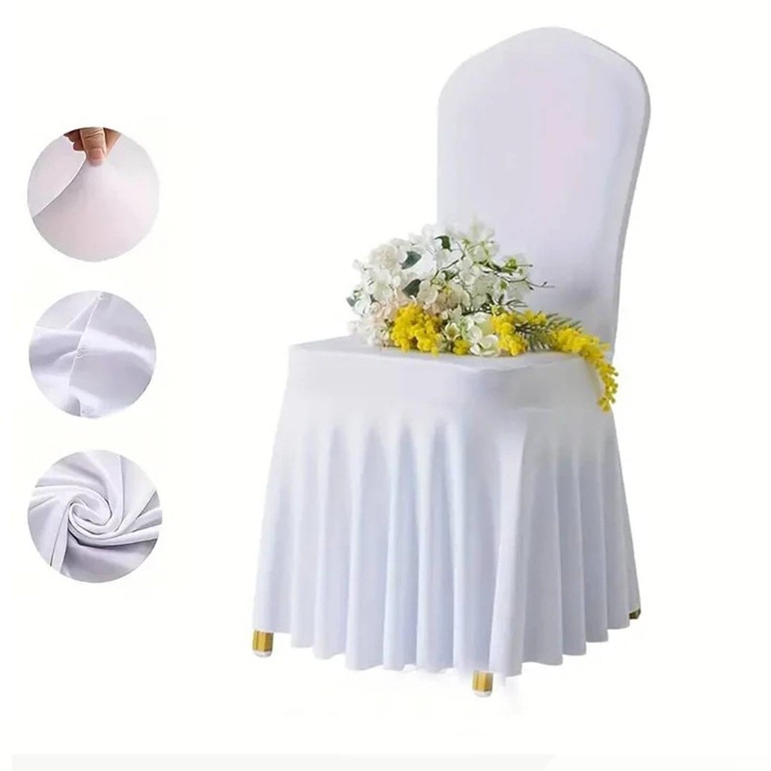 Housse de chaise blanche jupe plissée décorée d'un bouquet de fleurs pour un mariage