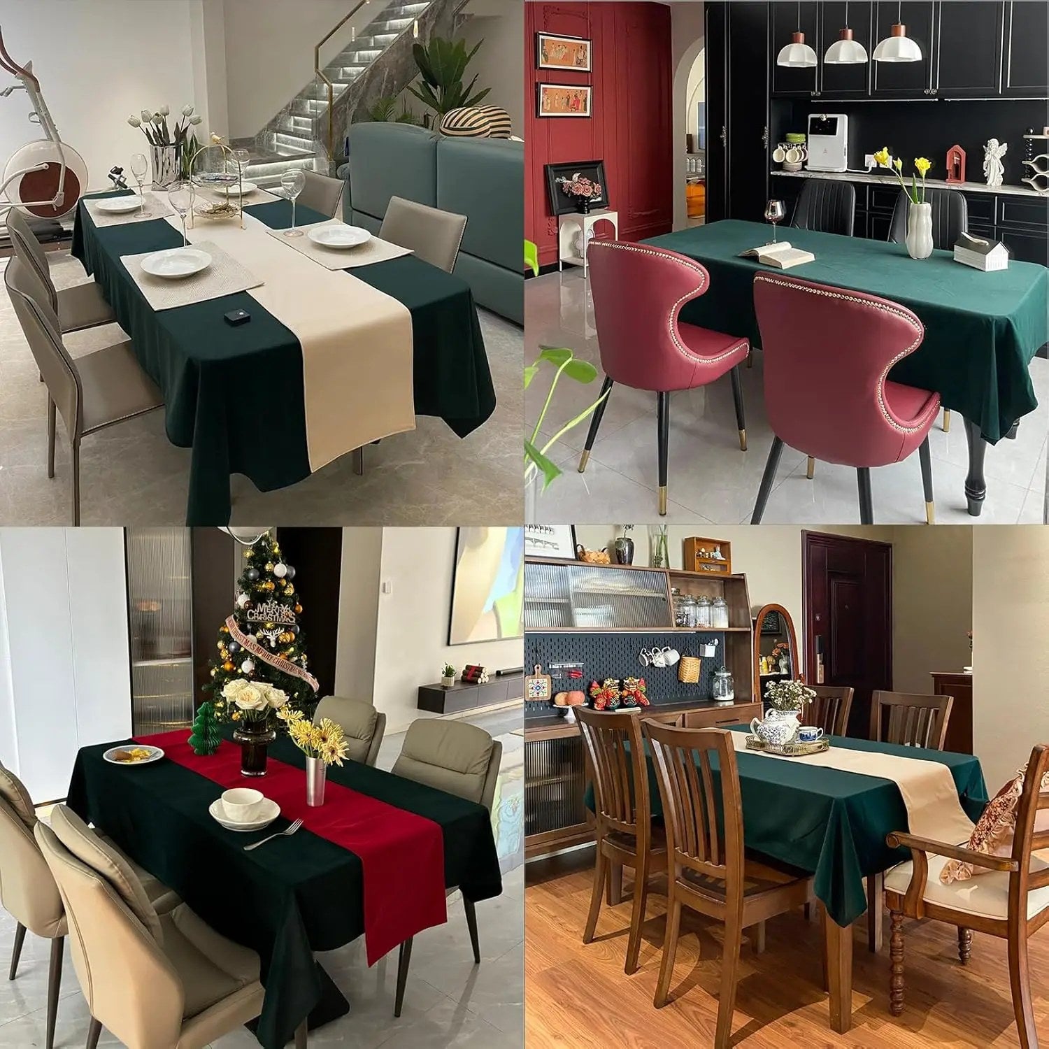 Collage de quatre ambiances différentes avec la nappe vert chasseur dans divers intérieurs