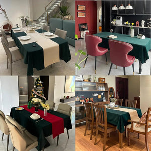 Collage de quatre ambiances différentes avec la nappe vert chasseur dans divers intérieurs