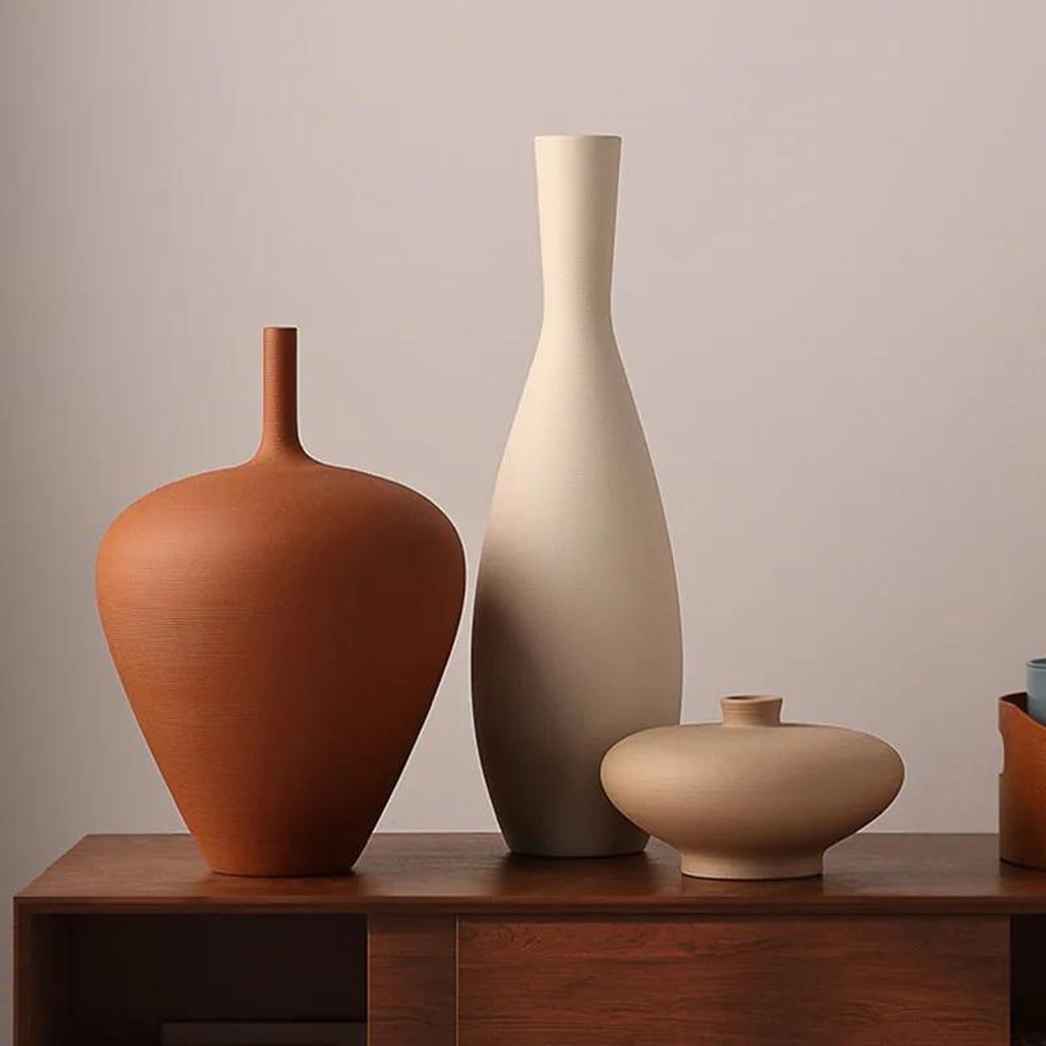 Vase terracotta et soliflore beige en céramique sur buffet
