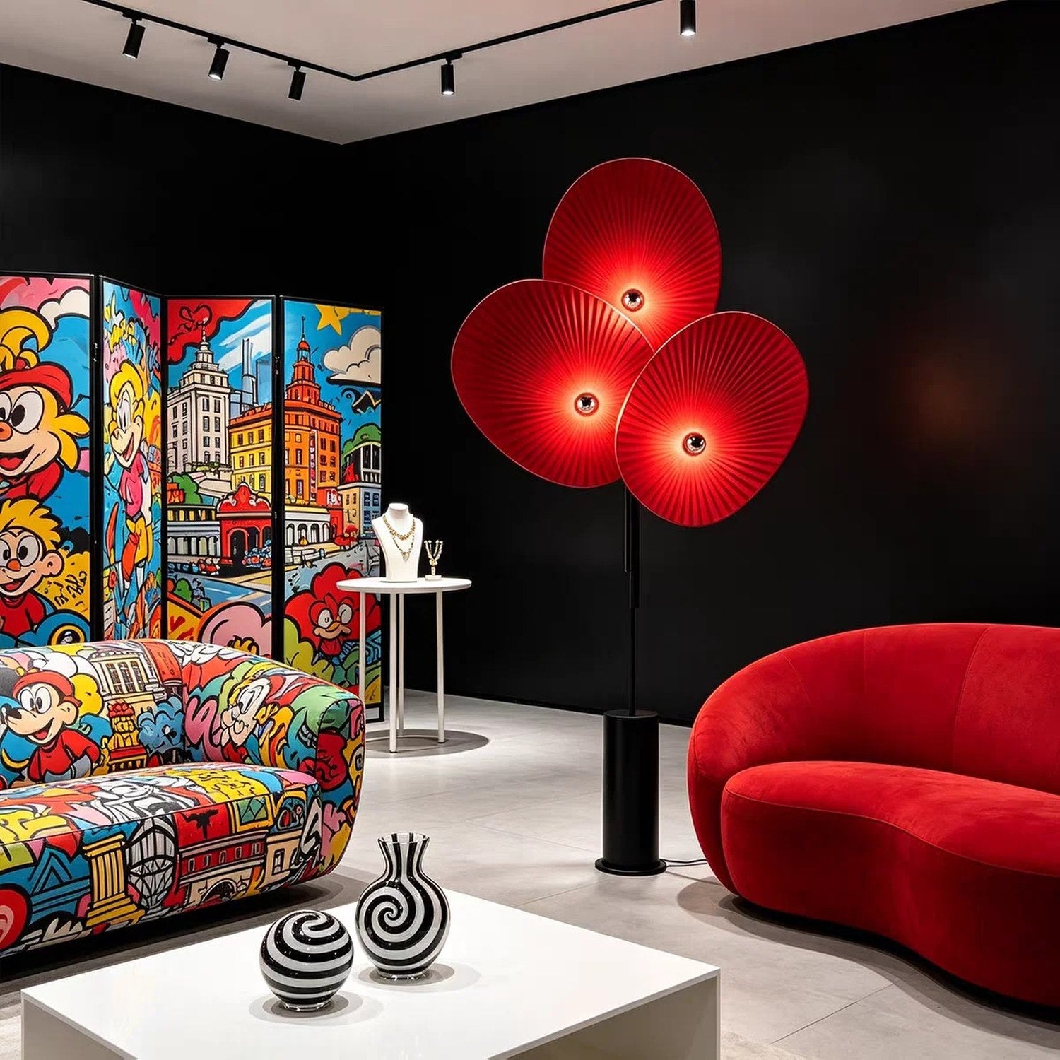 Lampadaire pétales rouge dans un salon pop art coloré