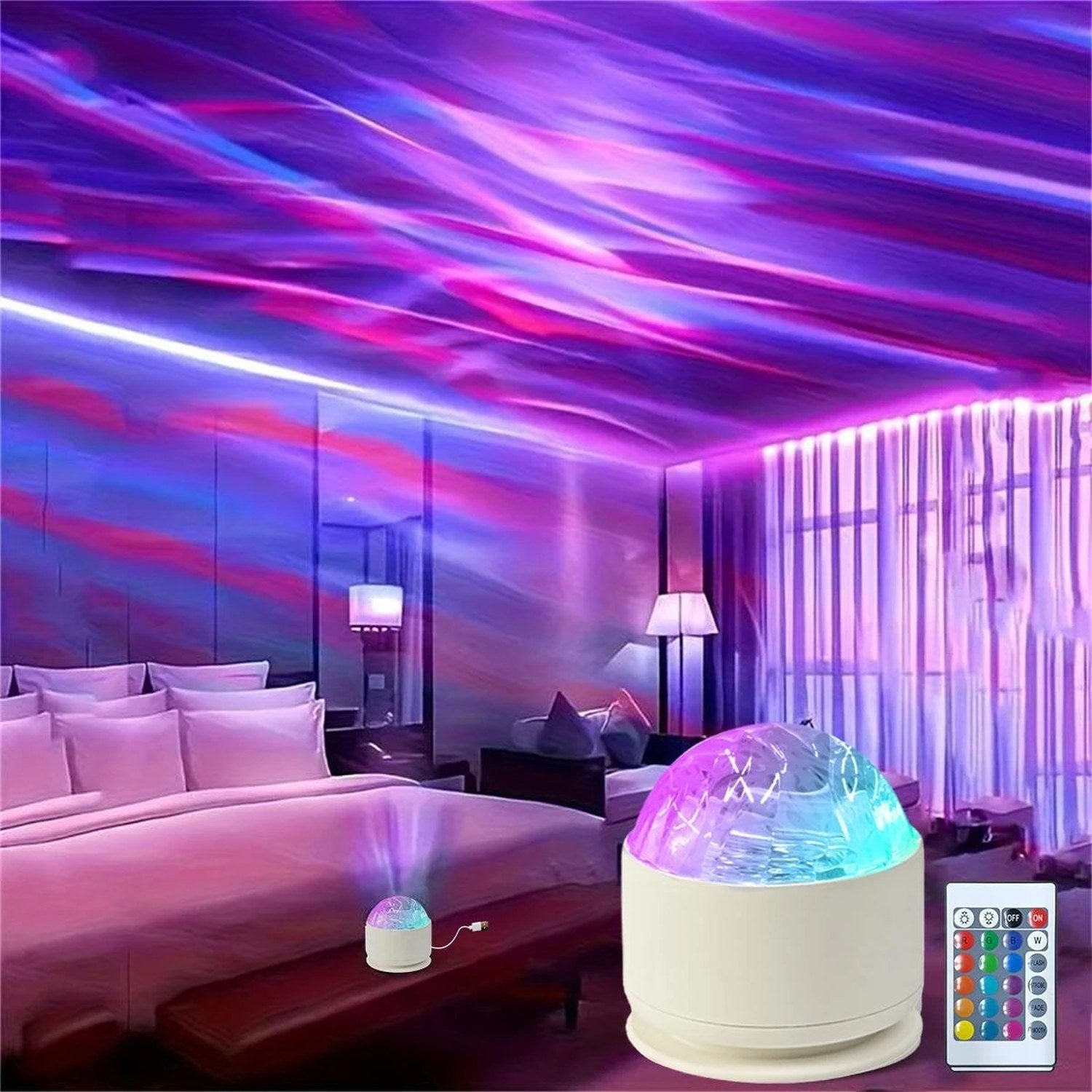 Veilleuse projecteur galaxie projetant un ciel étoilé violet et bleu au plafond et sur les murs d'une chambre