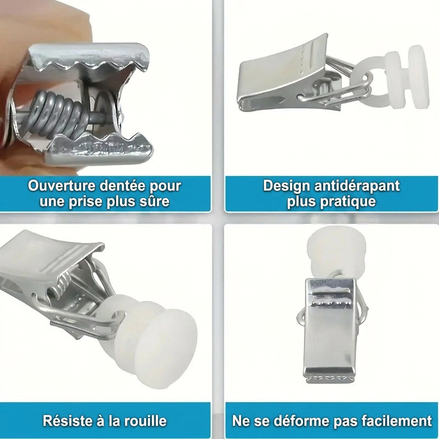 Gros plan sur l'ouverture dentée et le mécanisme à ressort de la pince à rideau