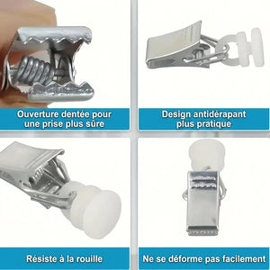 Gros plan sur l'ouverture dentée et le mécanisme à ressort de la pince à rideau