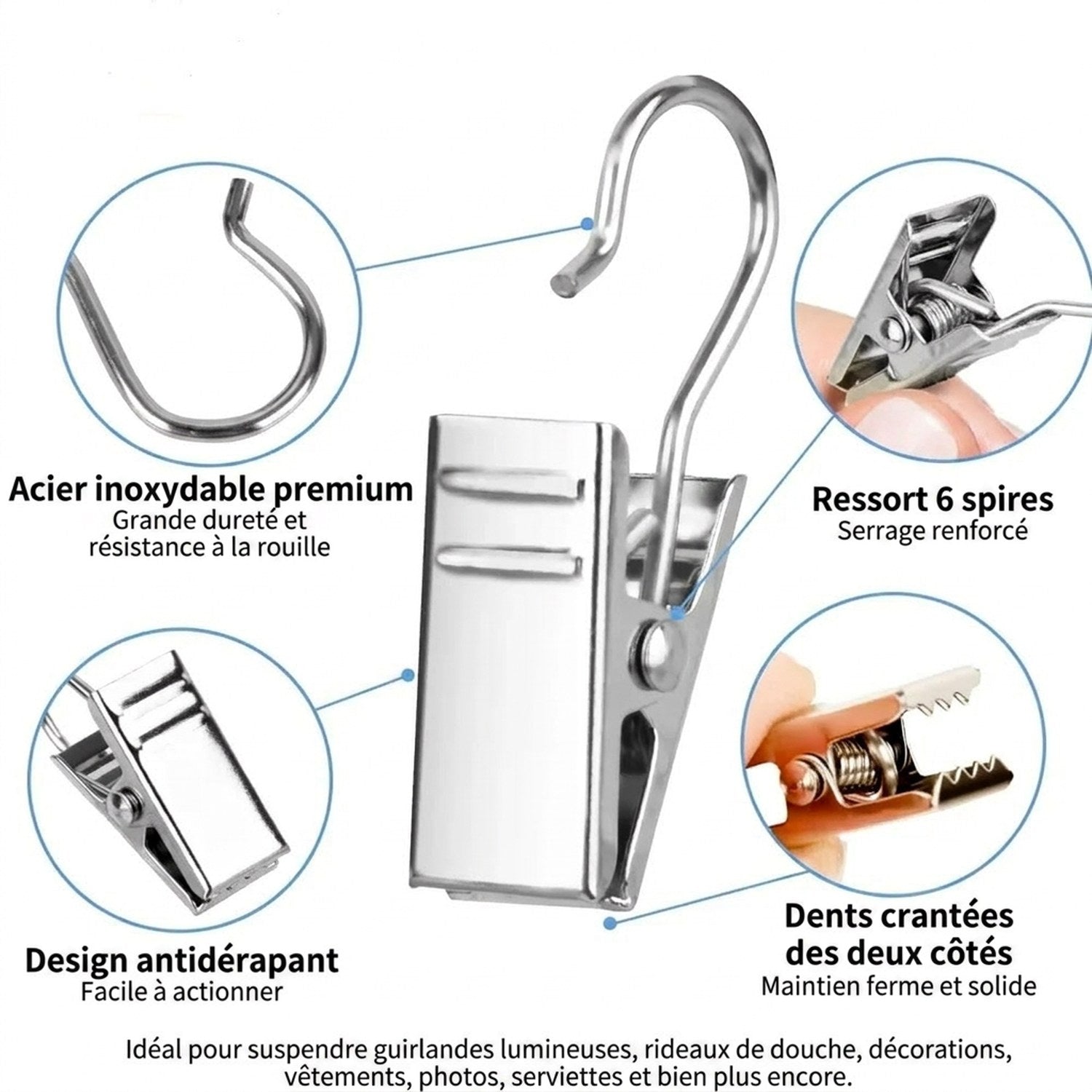 Détail des caractéristiques de la pince, acier inoxydable, ressort et dents crantées