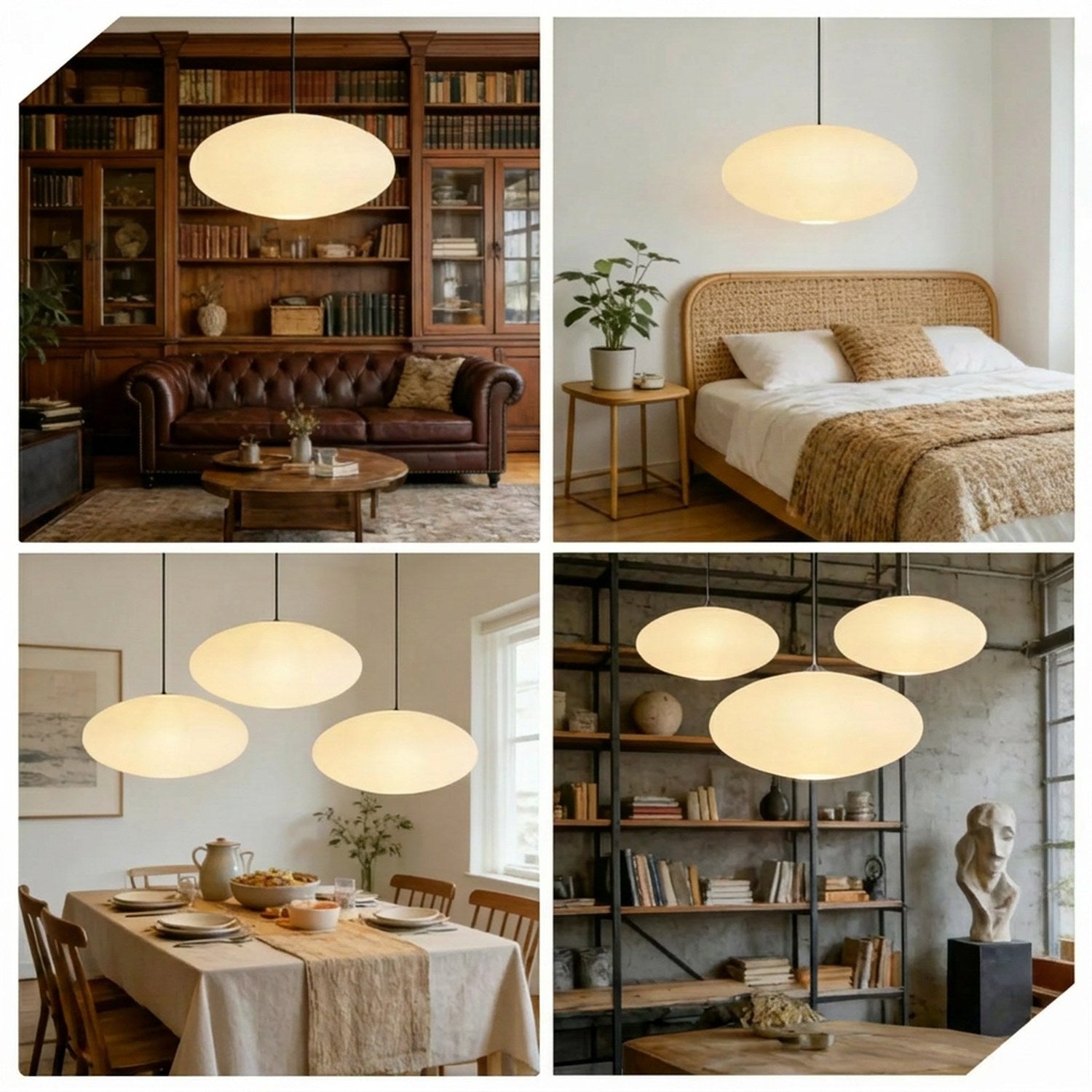 Abat-jour papier blanc ovale mis en scène dans différentes ambiances