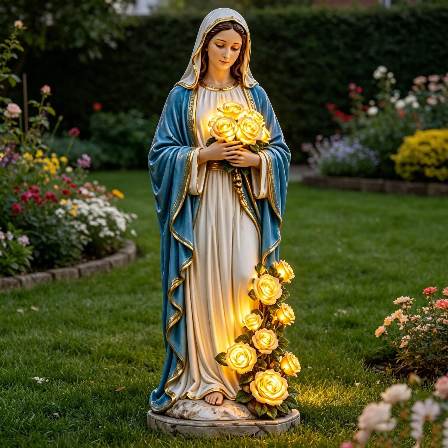 Statue Vierge Marie dans un jardin vert au coucher de soleil