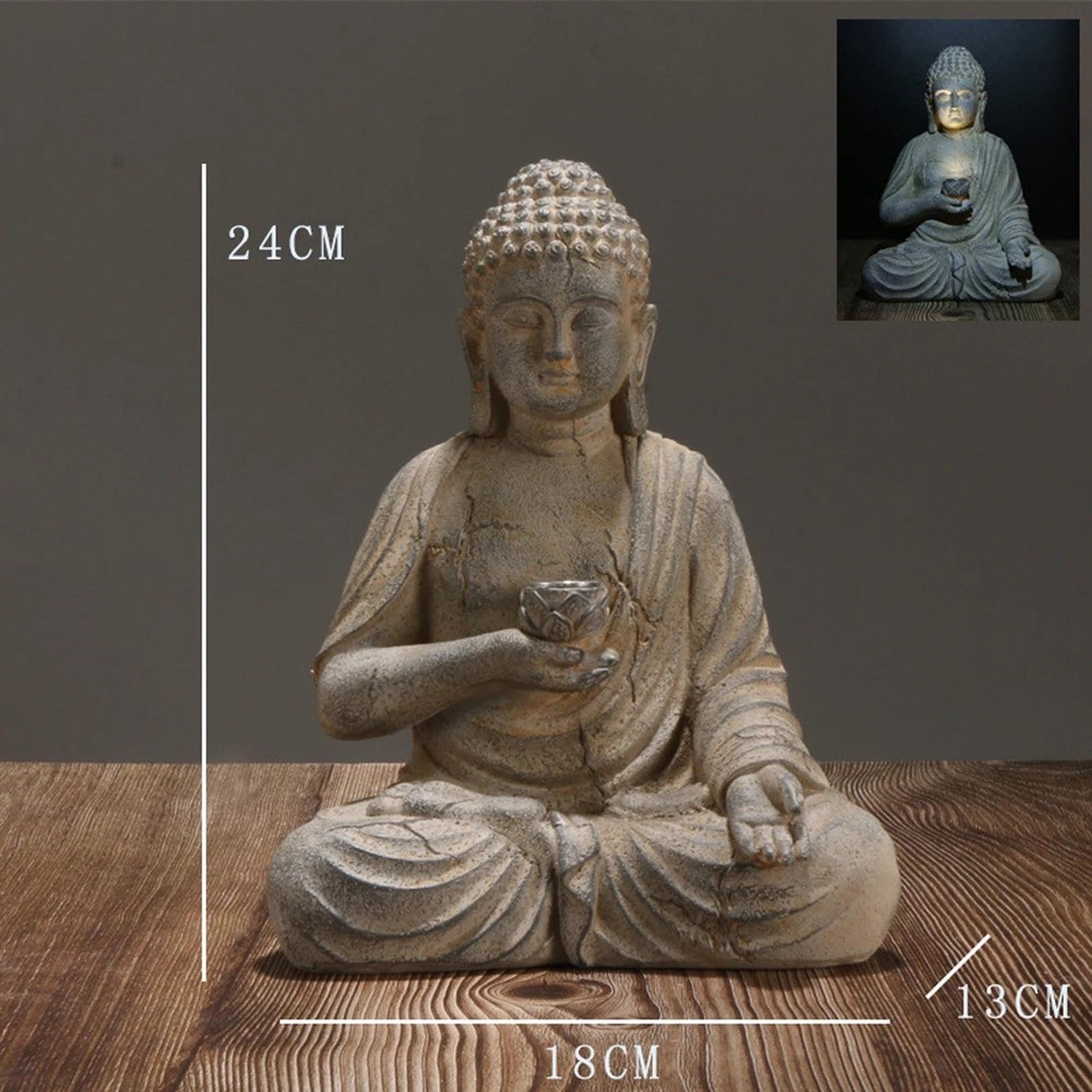 Schéma de dimensions de la statue Bouddha 24cm hauteur 18cm largeur 13cm profondeur