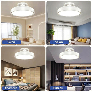 Plafonnier LED blanc ventilateur installé dans une pièce de vie lumineuse