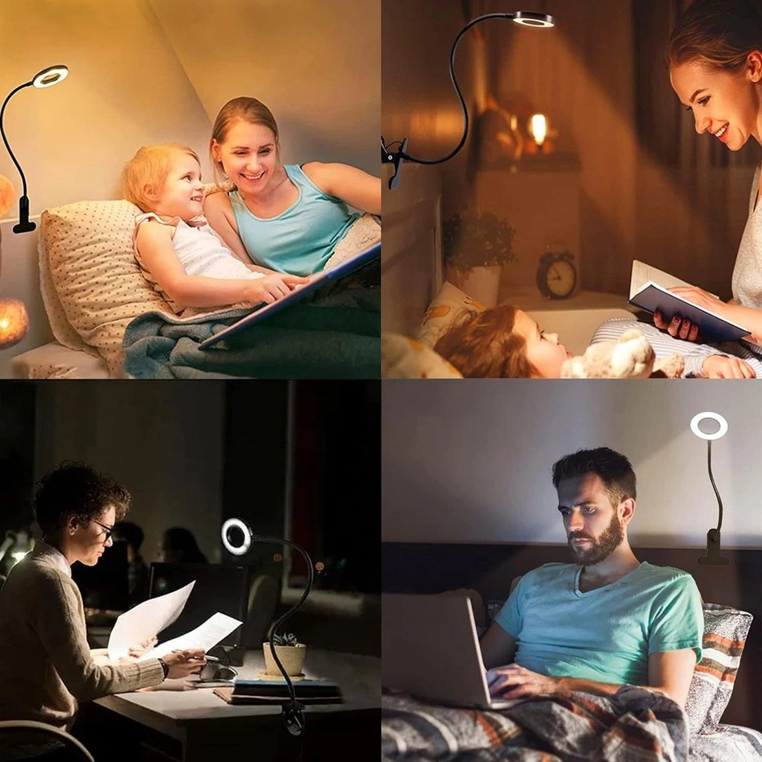 Lampe pince utilisée pour lire au lit et travailler au bureau dans quatre scènes du quotidien