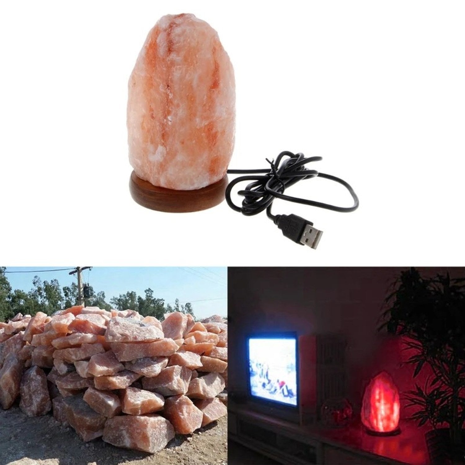 Lampe de sel de l'Himalaya allumée en rouge dans un salon le soir