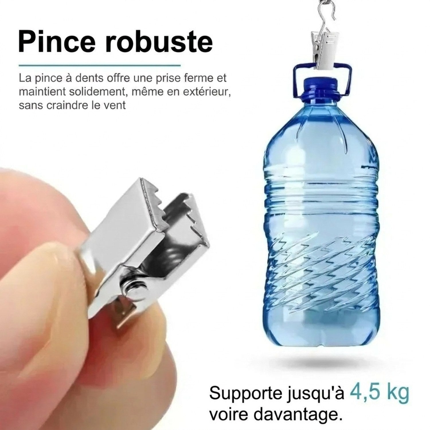 Pince à rideau soutenant une bouteille d'eau pour démontrer sa robustesse