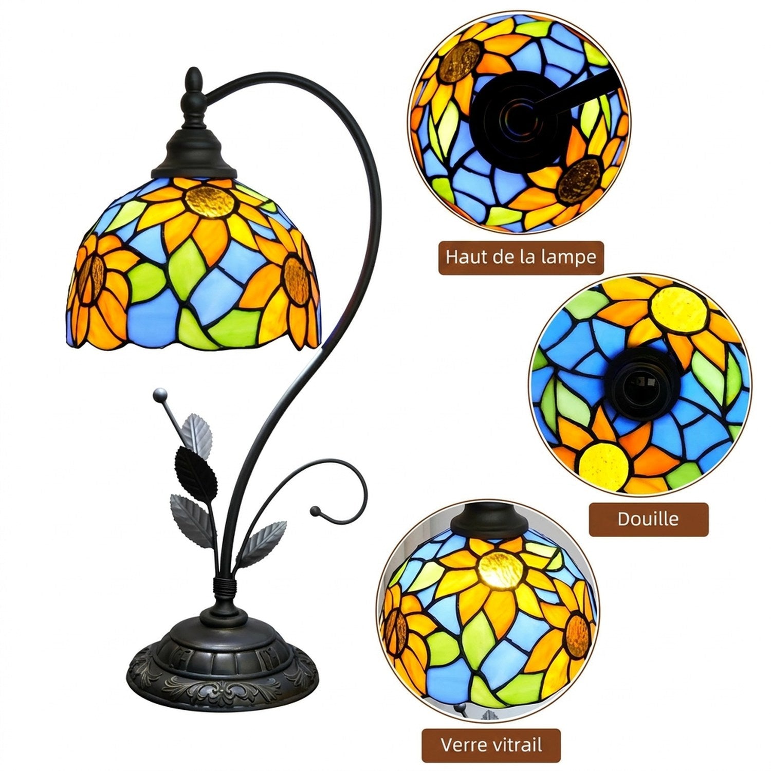 Détails de la lampe style Tiffany haut douille et verre vitrail tournesol