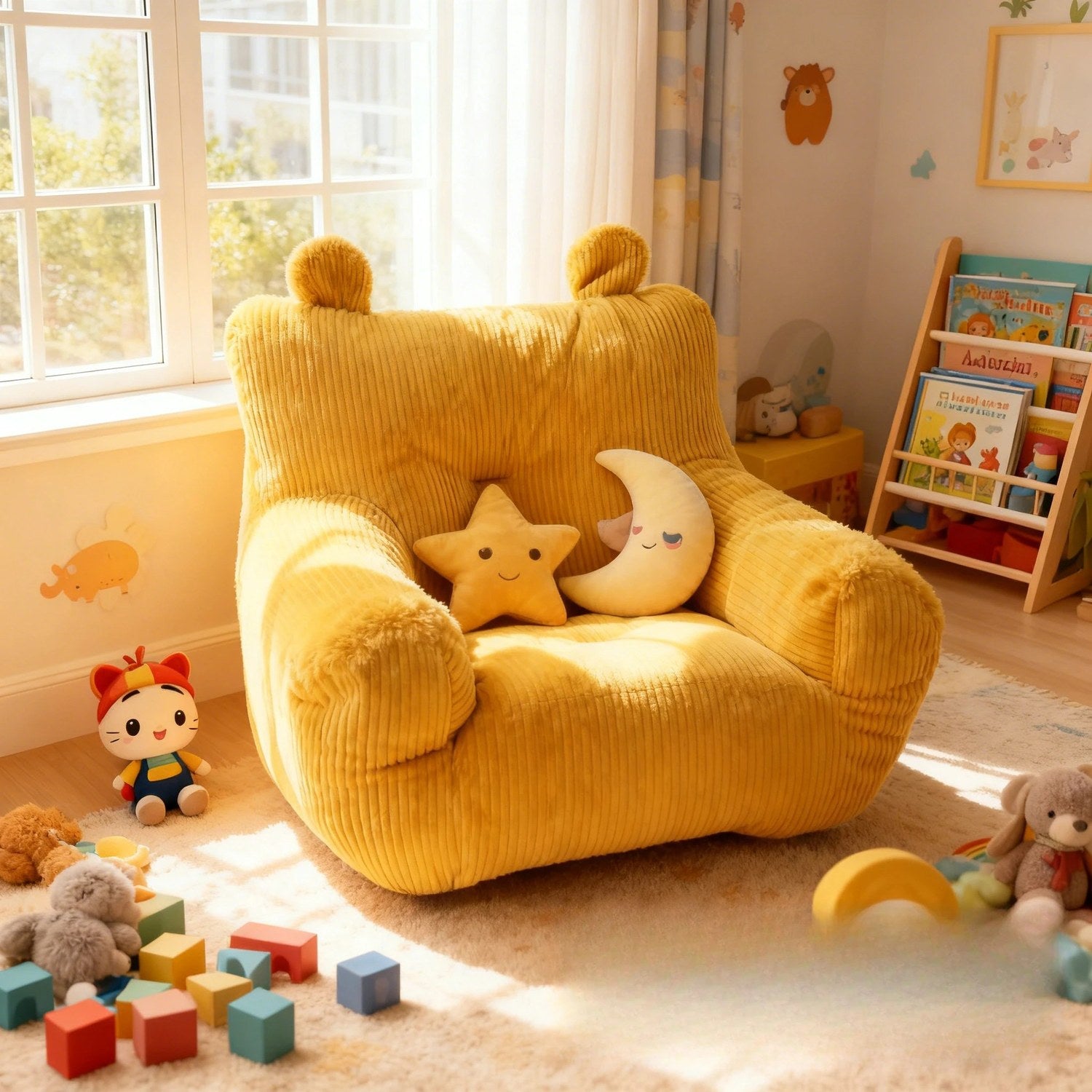 Pouf mini canapé enfant jaune dans une chambre d'enfant avec jouets et étagère à livres