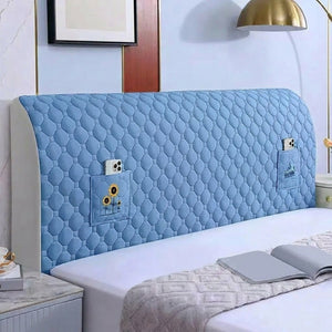 Housse de tête de lit matelassée bleu ciel avec poche de rangement et broderie tournesol