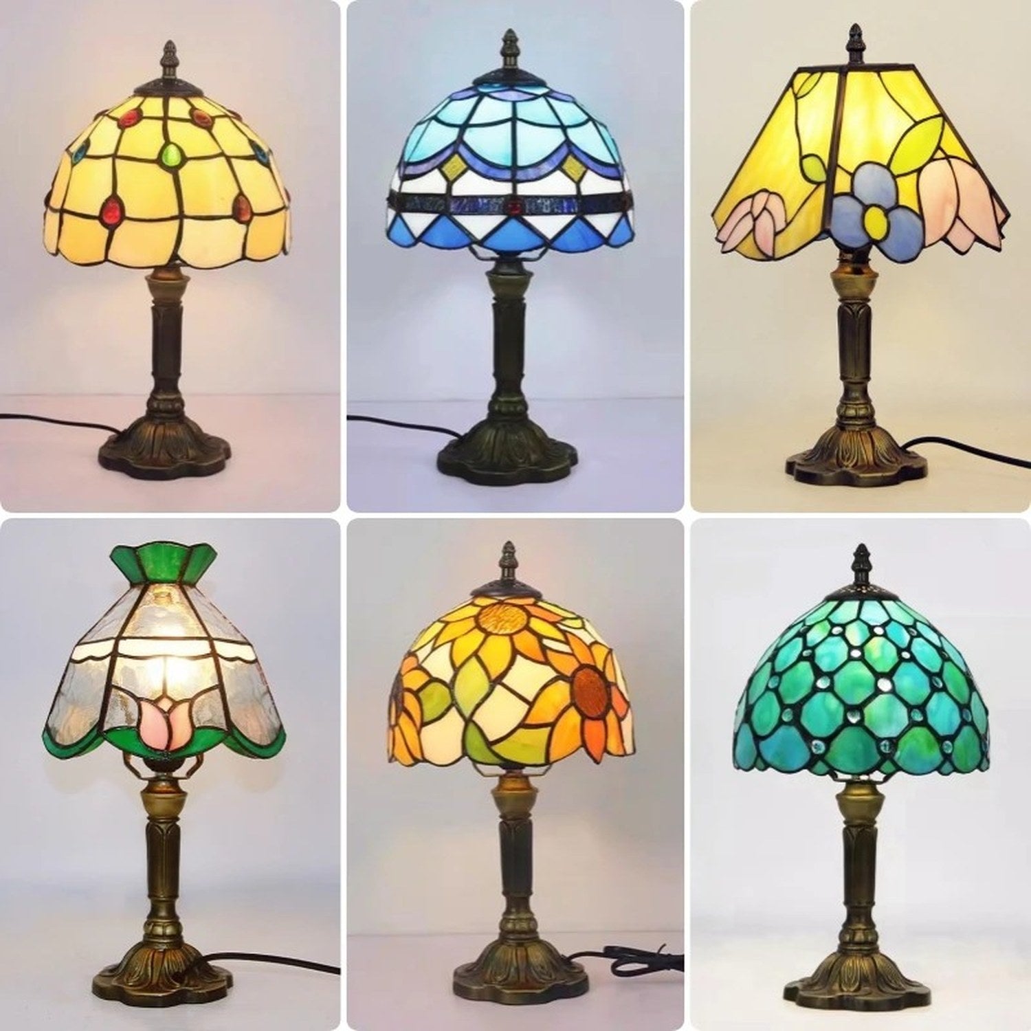 Six abat-jours en vitrail coloré de la lampe style Tiffany, motifs et teintes variés