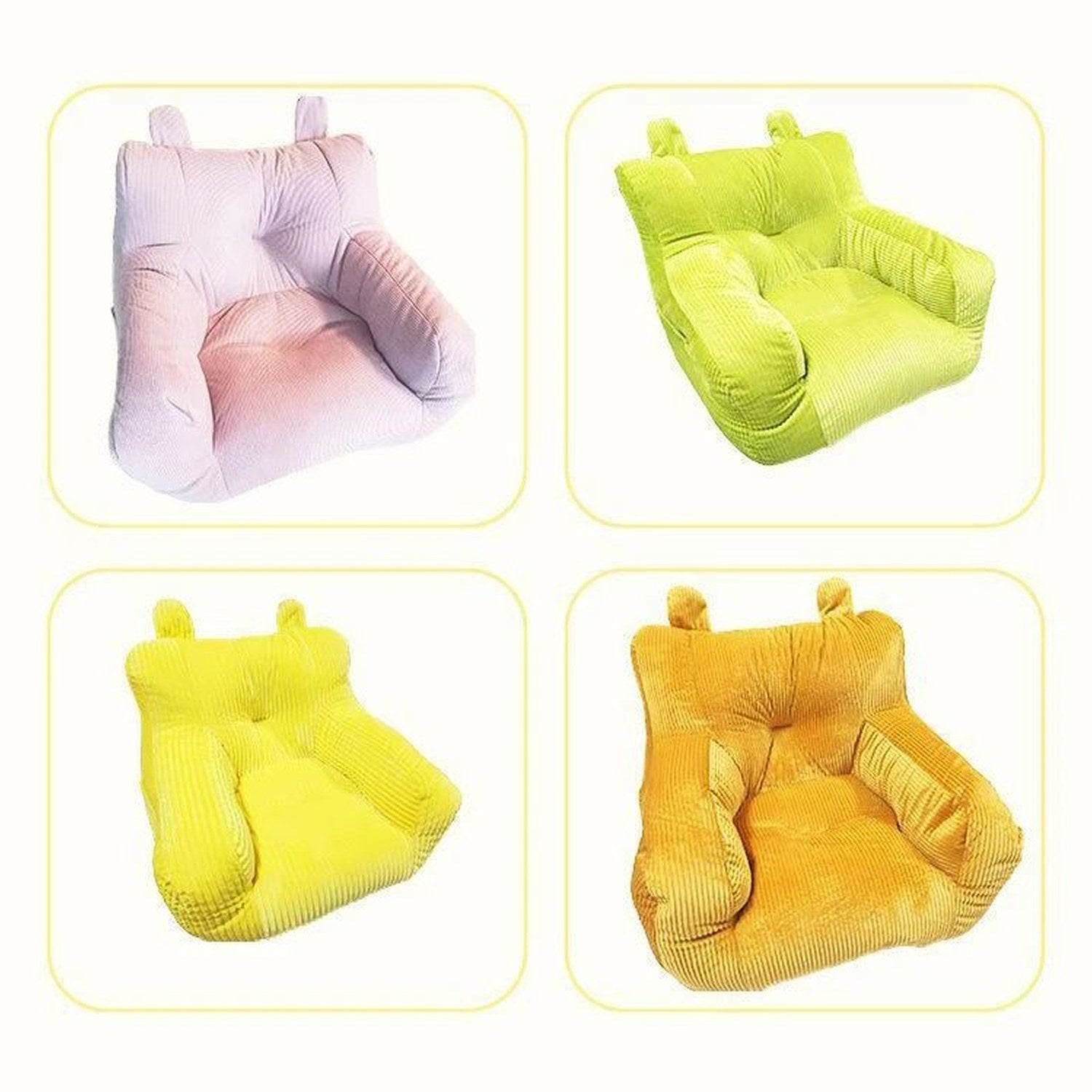 Les quatre coloris disponibles du pouf mini canapé enfant violet vert jaune et orange
