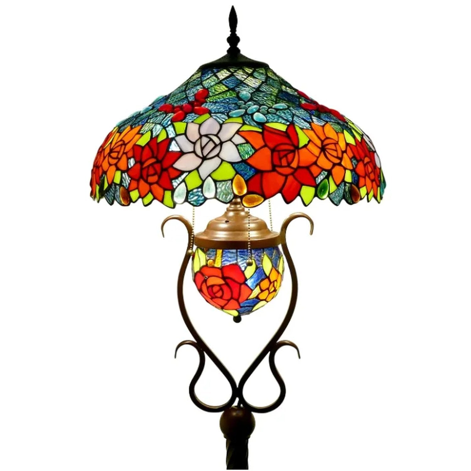 Gros plan de l abat-jour en vitrail floral aux roses du lampadaire Tiffany
