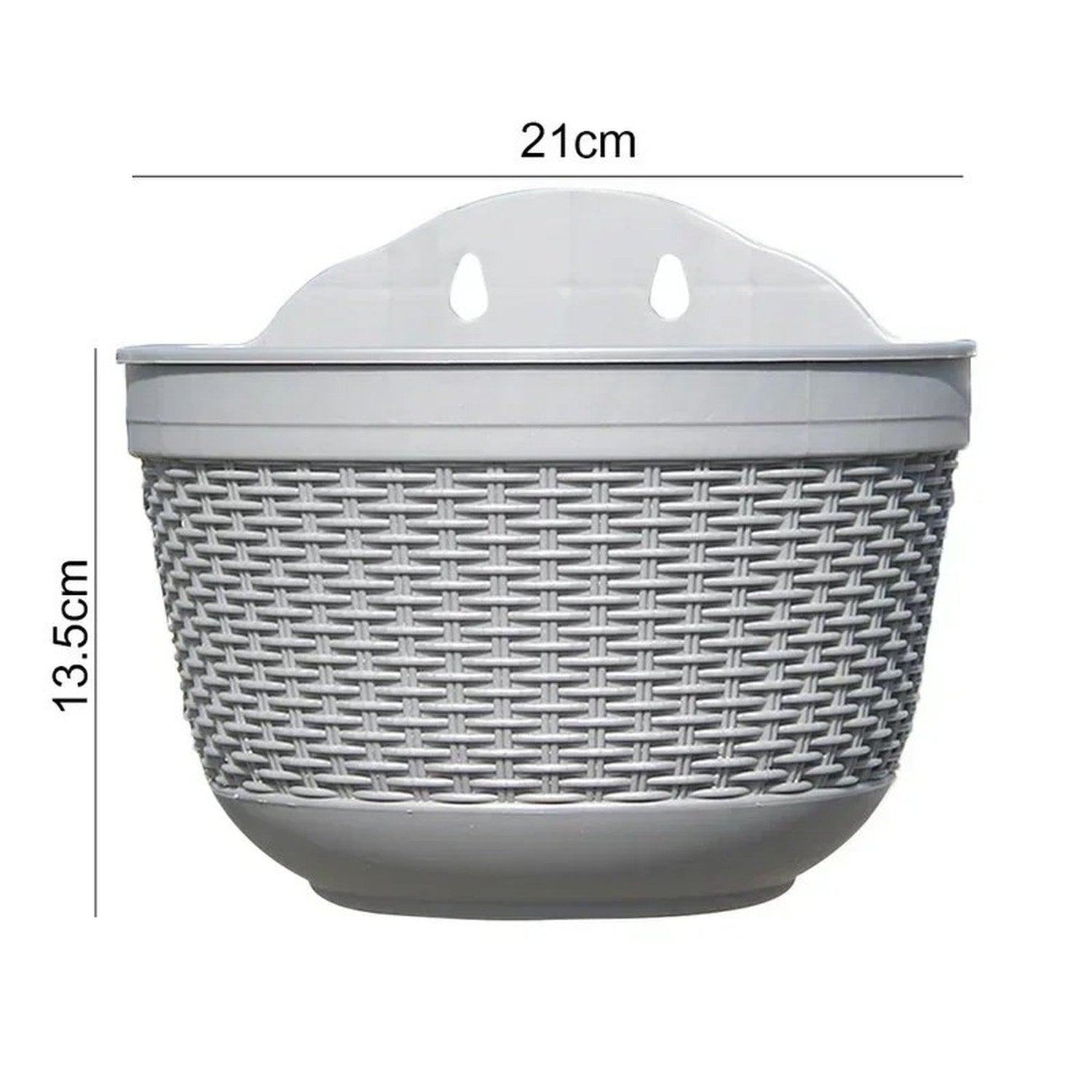 Dimensions pot mural imitation rotin : diamètre 21 cm, hauteur 13,5 cm