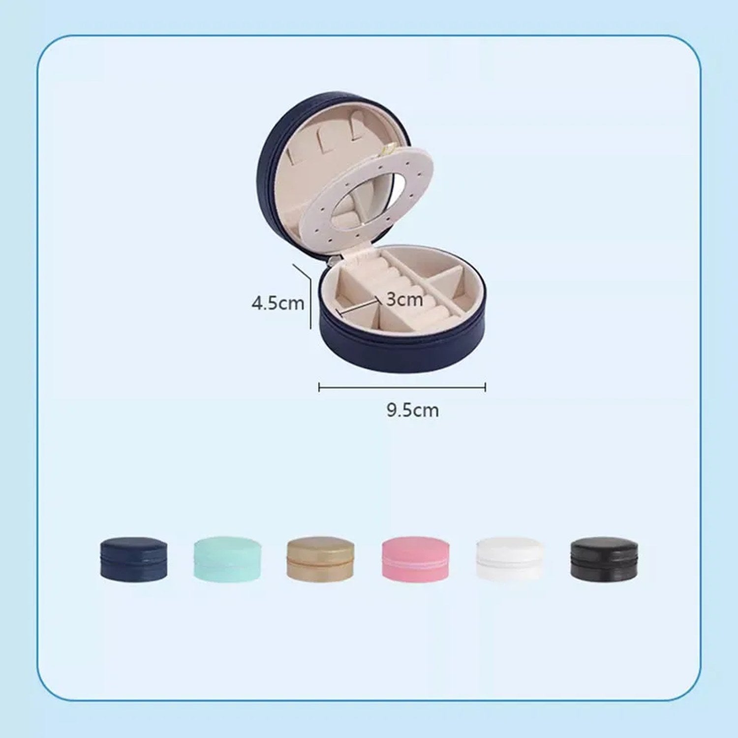 Dimensions du coffret à bijoux de voyage : 9,5 cm de diamètre × 4,5 cm de hauteur, 6 coloris