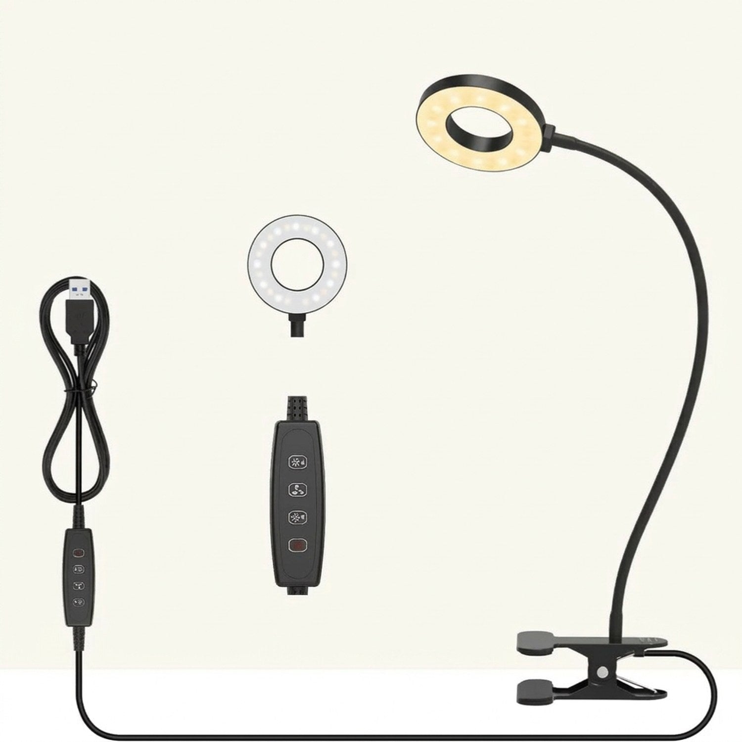 Vue éclatée de la lampe à pince avec anneau lumineux câble USB et boîtier de contrôle