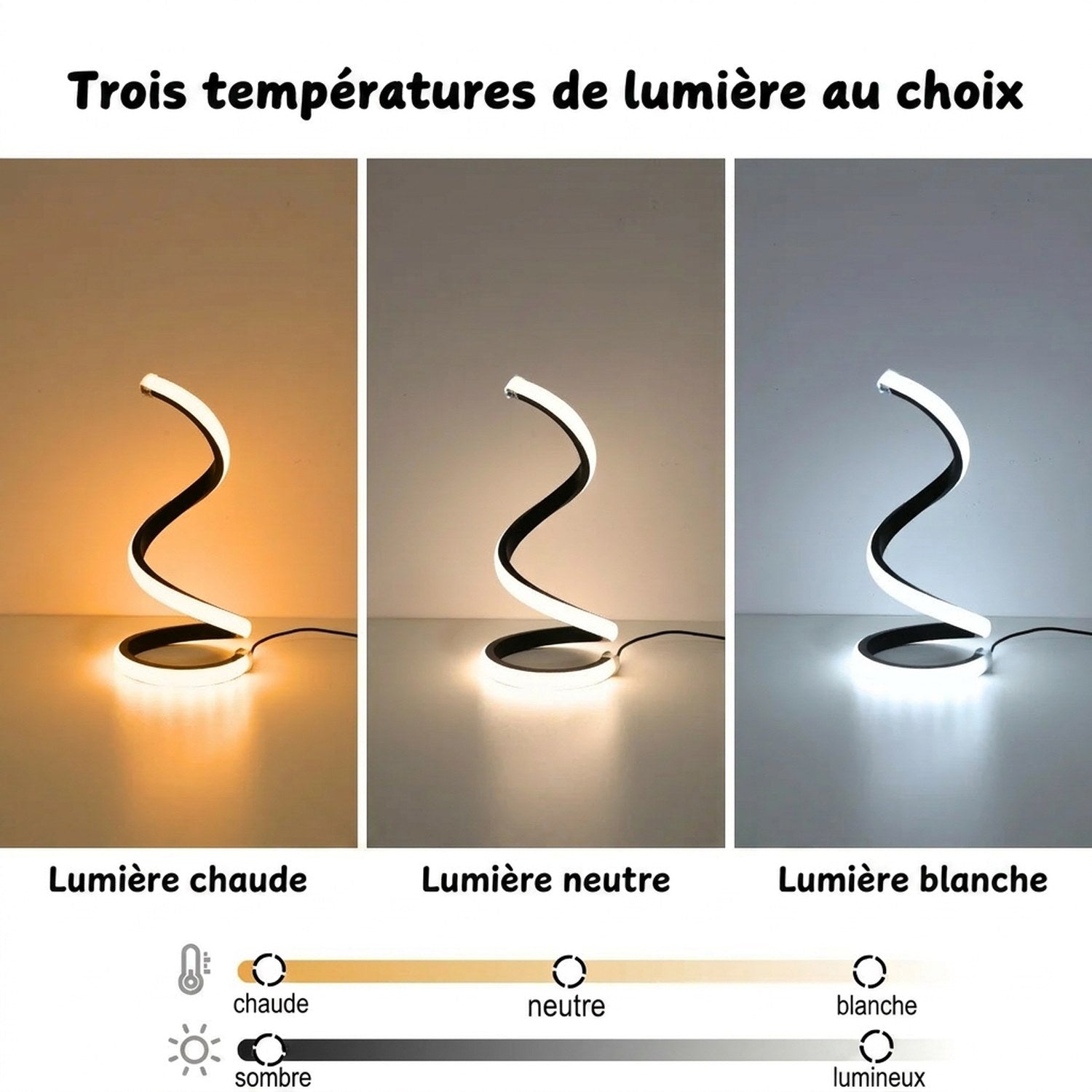 Comparatif des trois températures de lumière chaude neutre et blanche de la lampe