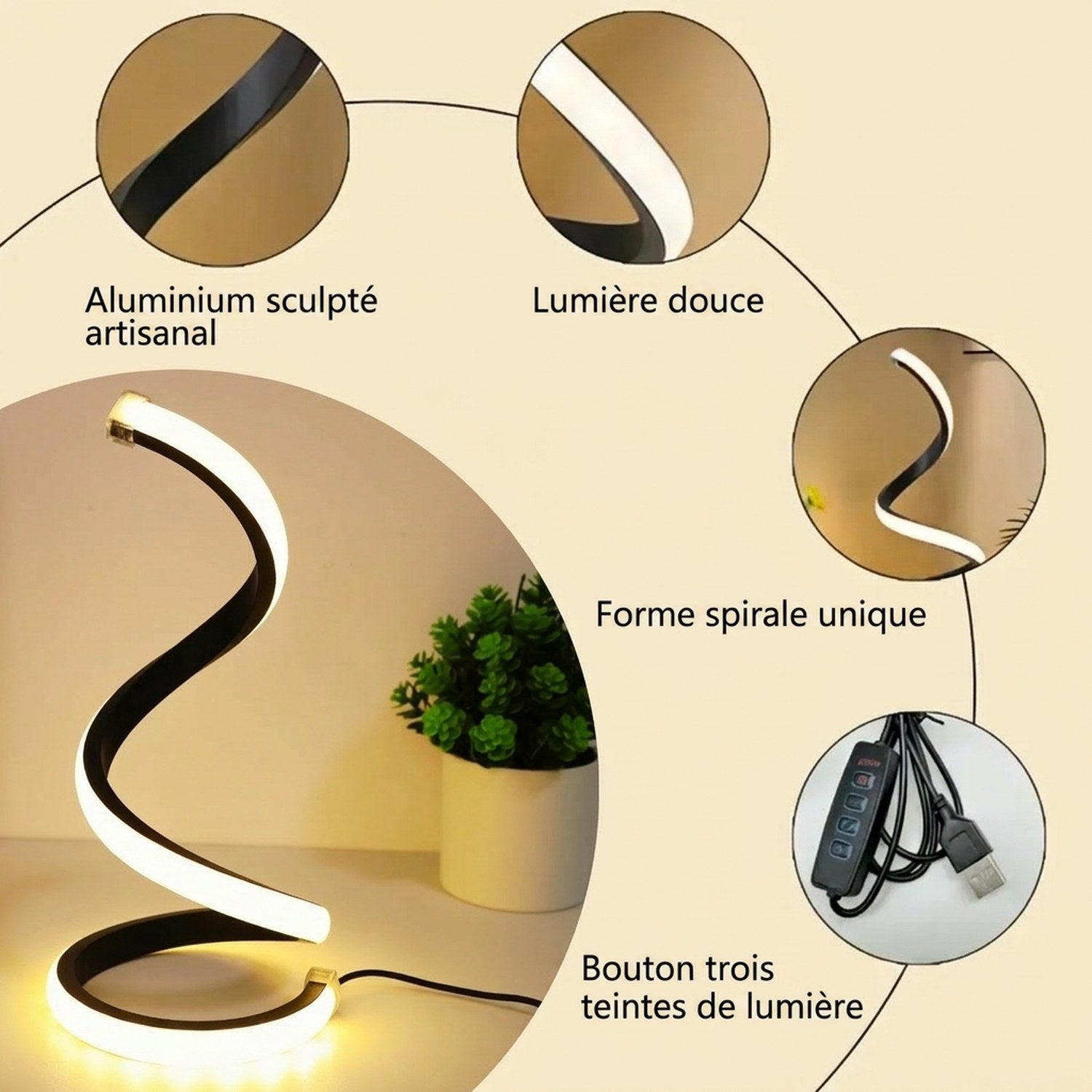 Détails de la lampe spirale aluminium sculpté et bouton trois teintes