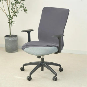 Housse de chaise de bureau grise ajustée sur le dossier avant installation complète