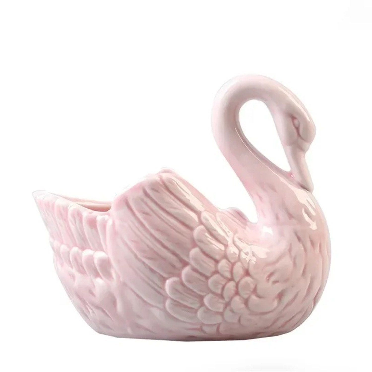 Vase cygne rose en céramique au dos creux finement sculpté