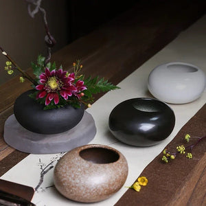 Vase céramique ikebana goutte eau gris mat fleurs séchées