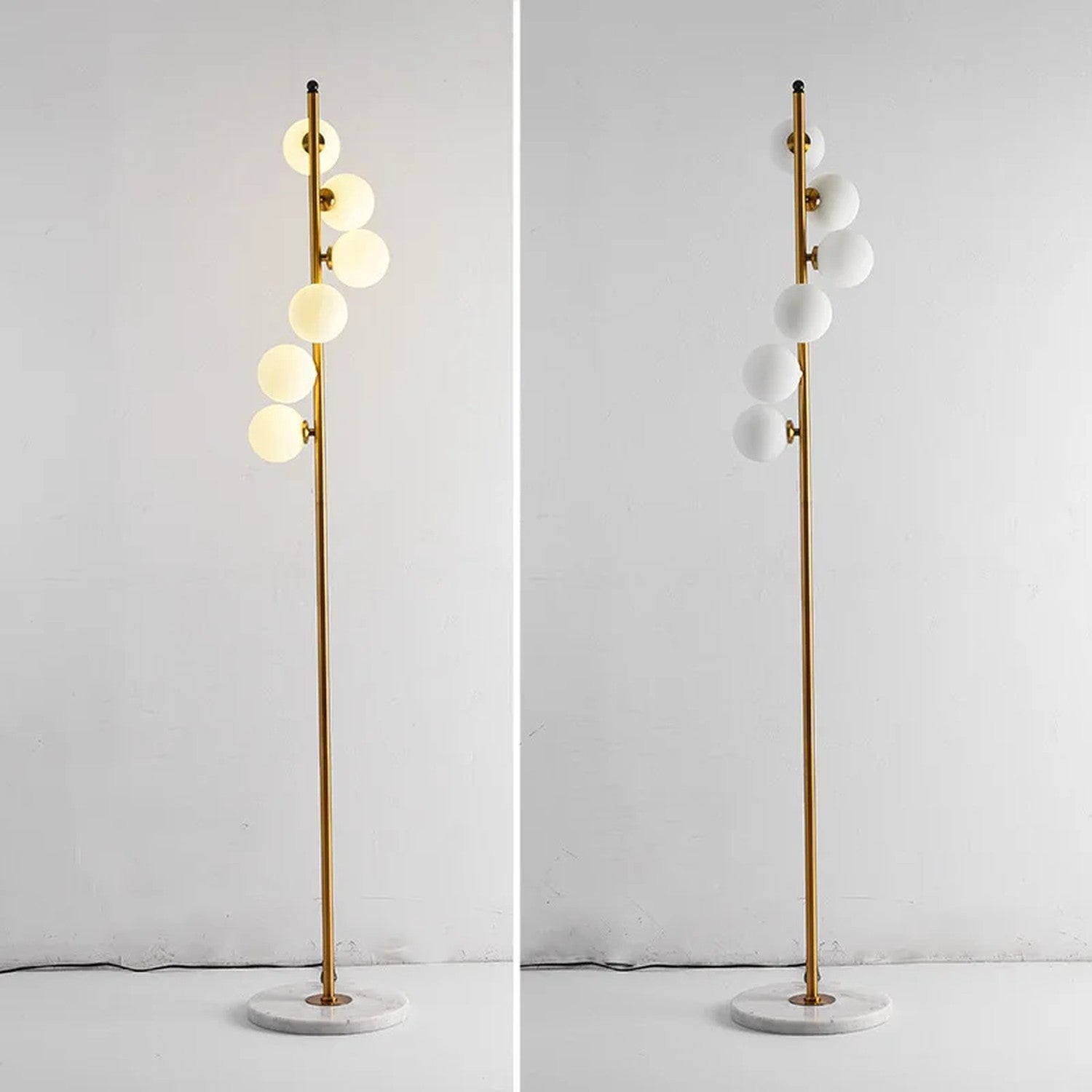 Comparaison des deux variantes du lampadaire nordique boules ambre à gauche et blanc laiteux à droite