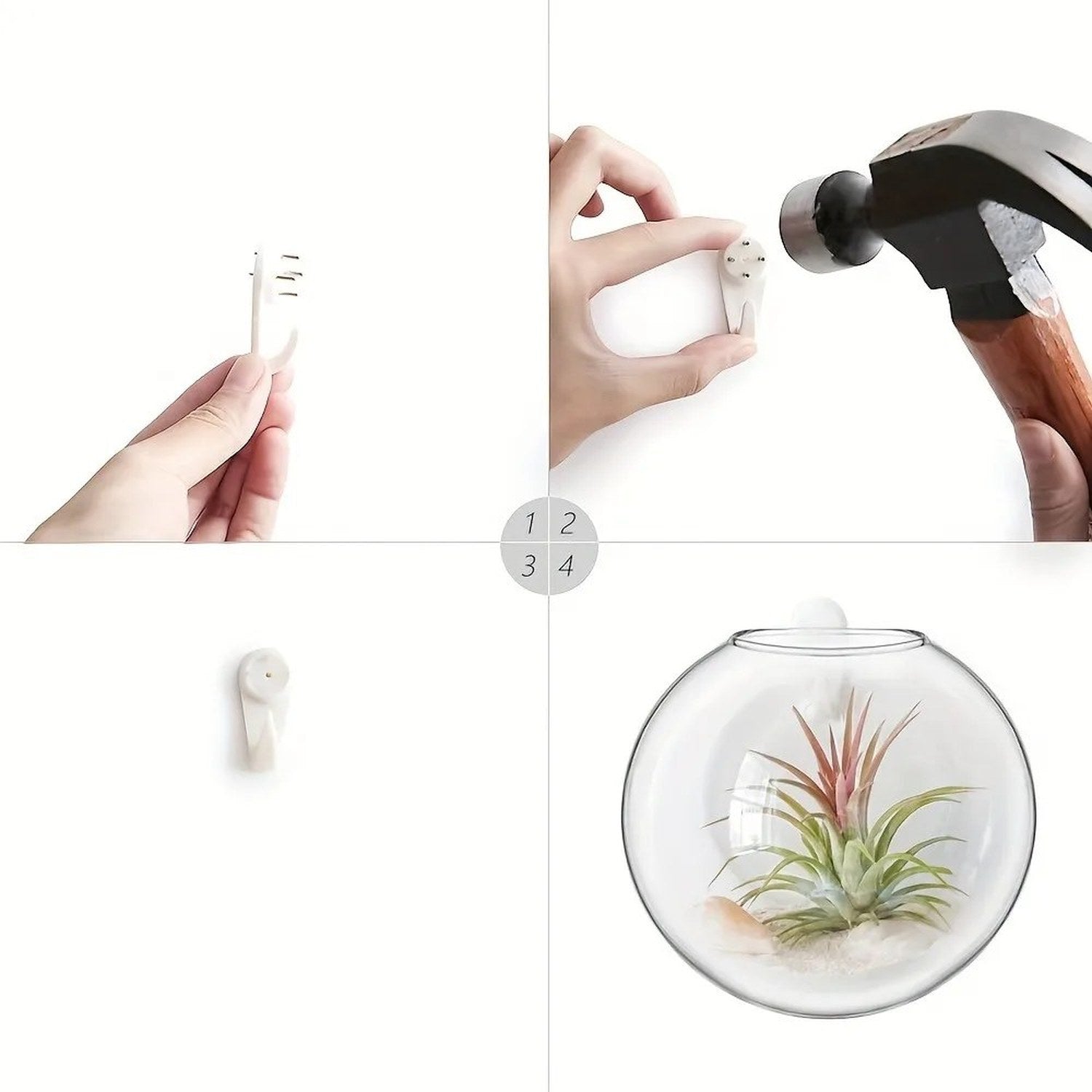 Étapes de fixation murale du vase en verre avec crochet et clou