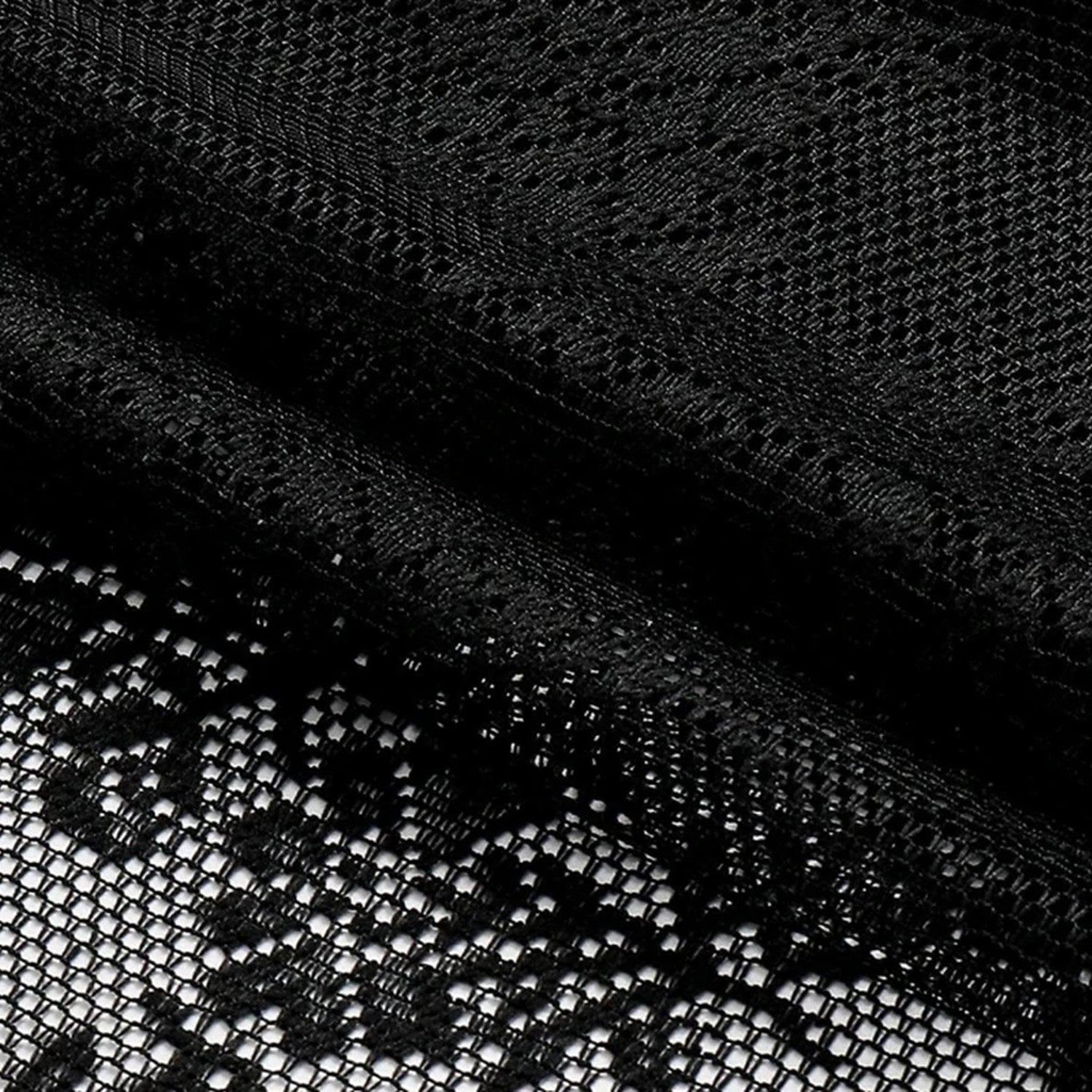 Gros plan sur le tissage ajouré de la dentelle noire