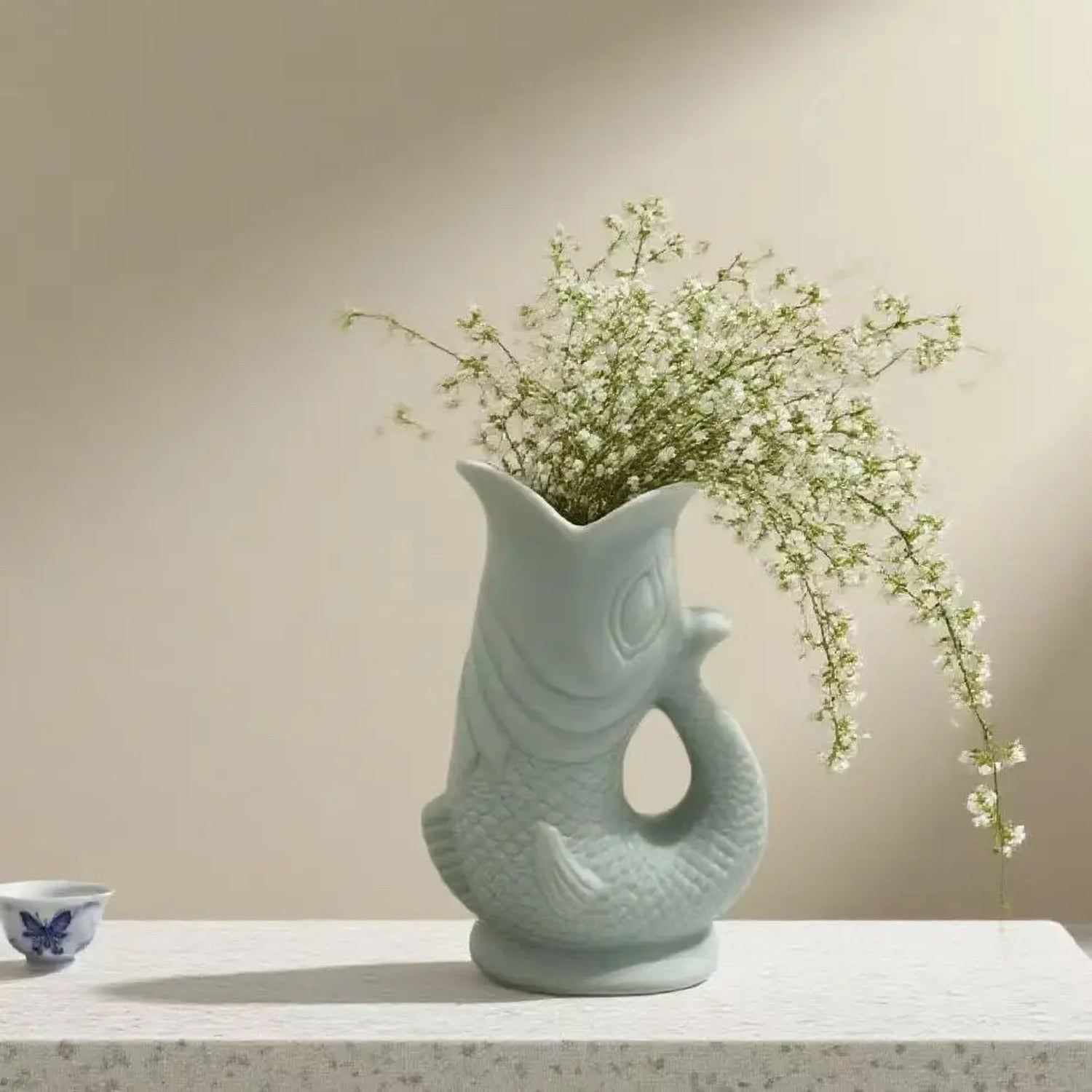 Vase koi céramique vert avec pampas décoration salon