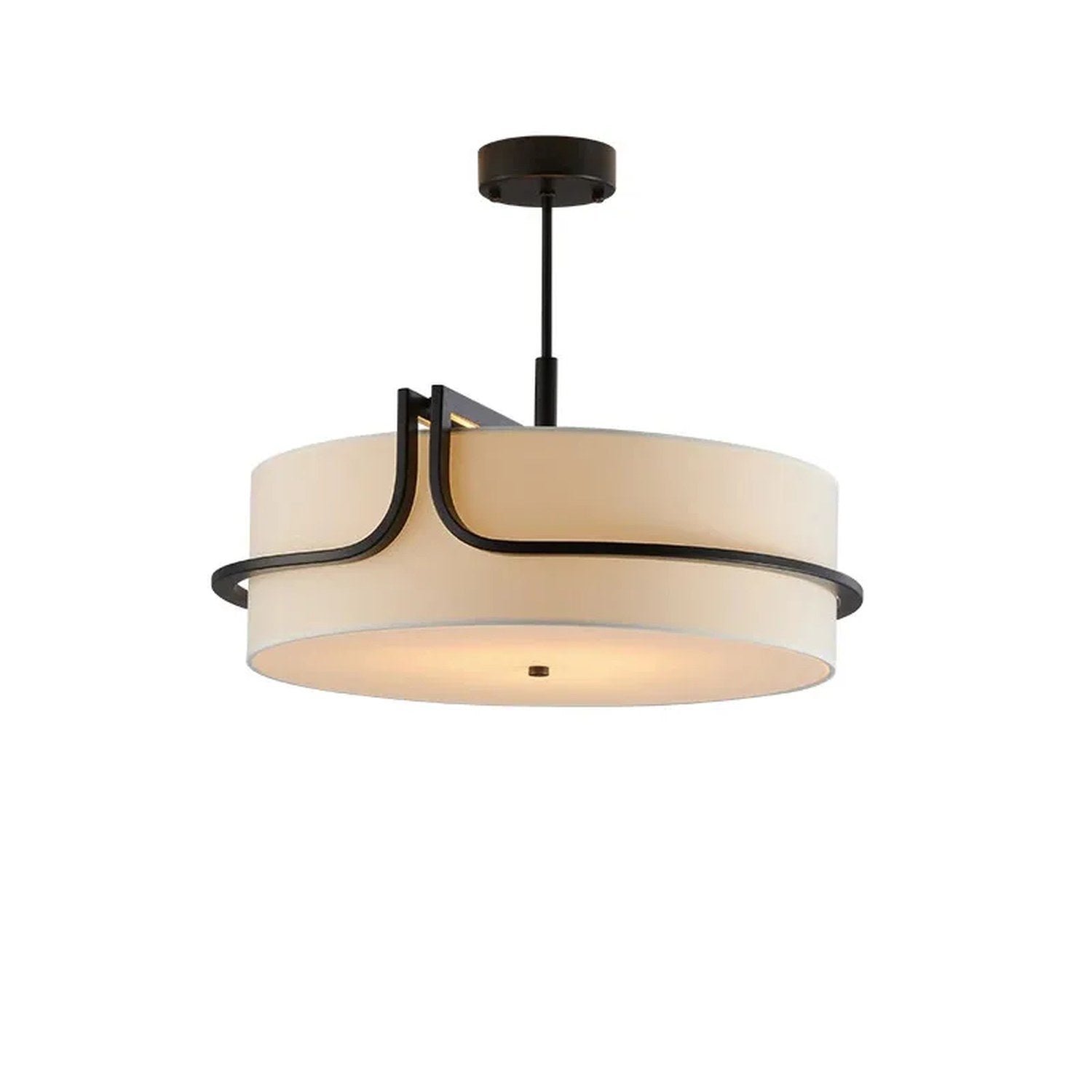 Lustre en tissu crème et métal noir vu de trois quarts sur fond neutre