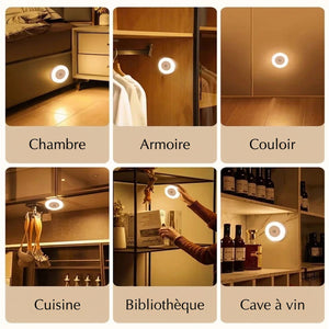Applique ronde installée dans une chambre une armoire un couloir une cuisine une bibliothèque et une cave à vin
