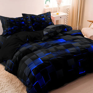 Parure de lit motif cubes 3D bleus présentée sur un lit